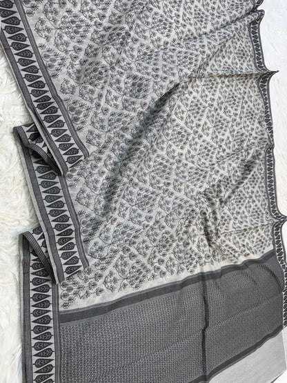 Grey shade cotton kota chickenkari embroidery Banarasi saree