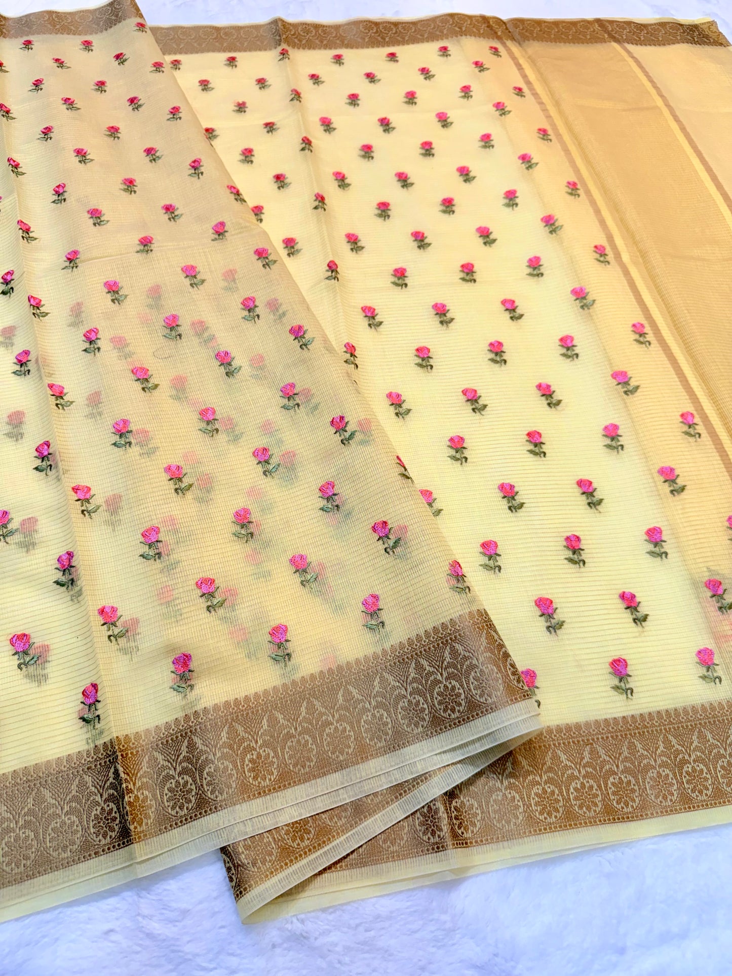 Yellow shade cotton kota embroidery Banarasi saree