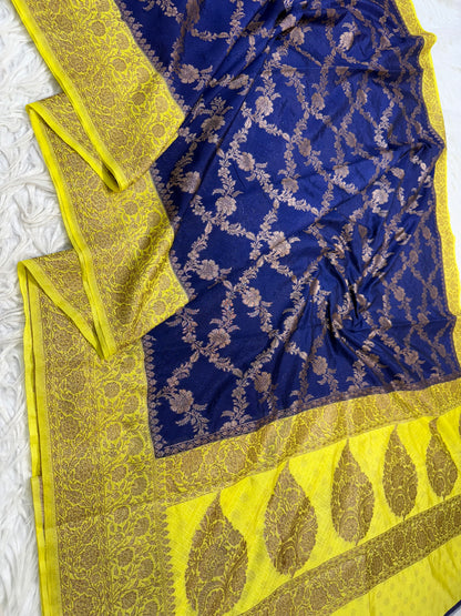 Nevy yellow shade Dupion Silk premium Banarasi Saree