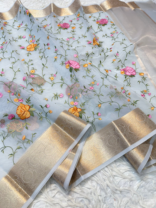 Grey shade shade organza embroidery Banarasi saree