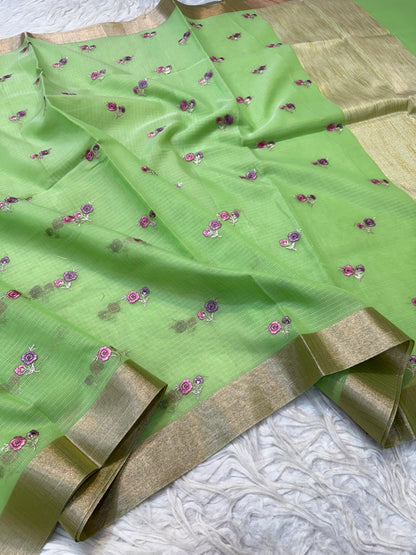 Pista green shade cotton kota embroidery Banarasi saree