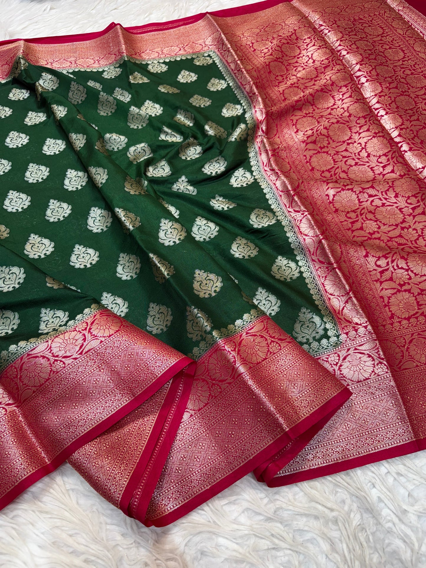 Bottle green & red shade Dupion Silk Banarasi Saree 