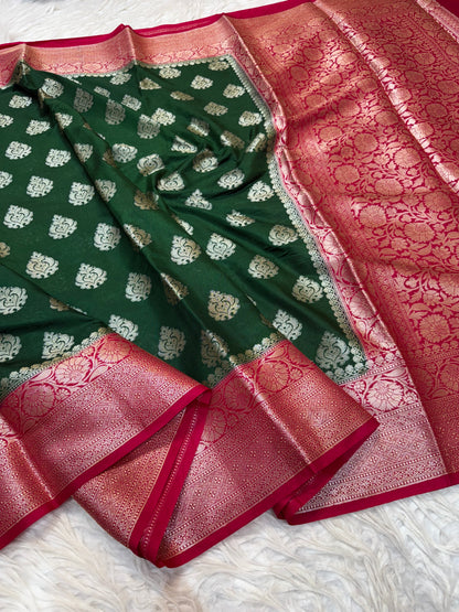Bottle green & red shade Dupion Silk Banarasi Saree 