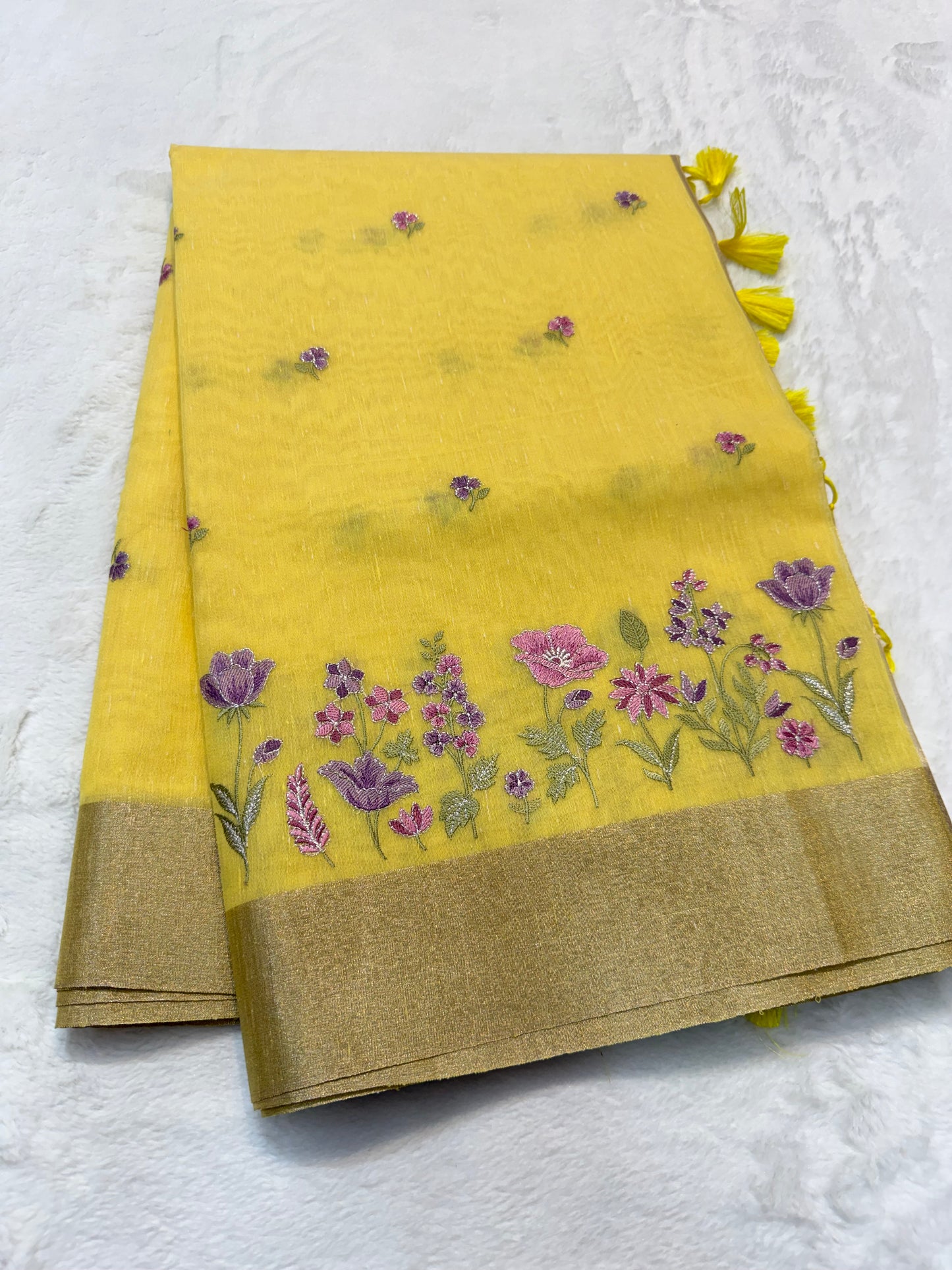 Yellow shade linen embroidery premium Banarasi saree