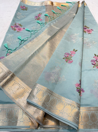 Firozi shade soft silk designer  premium embroidery Banarasi saree