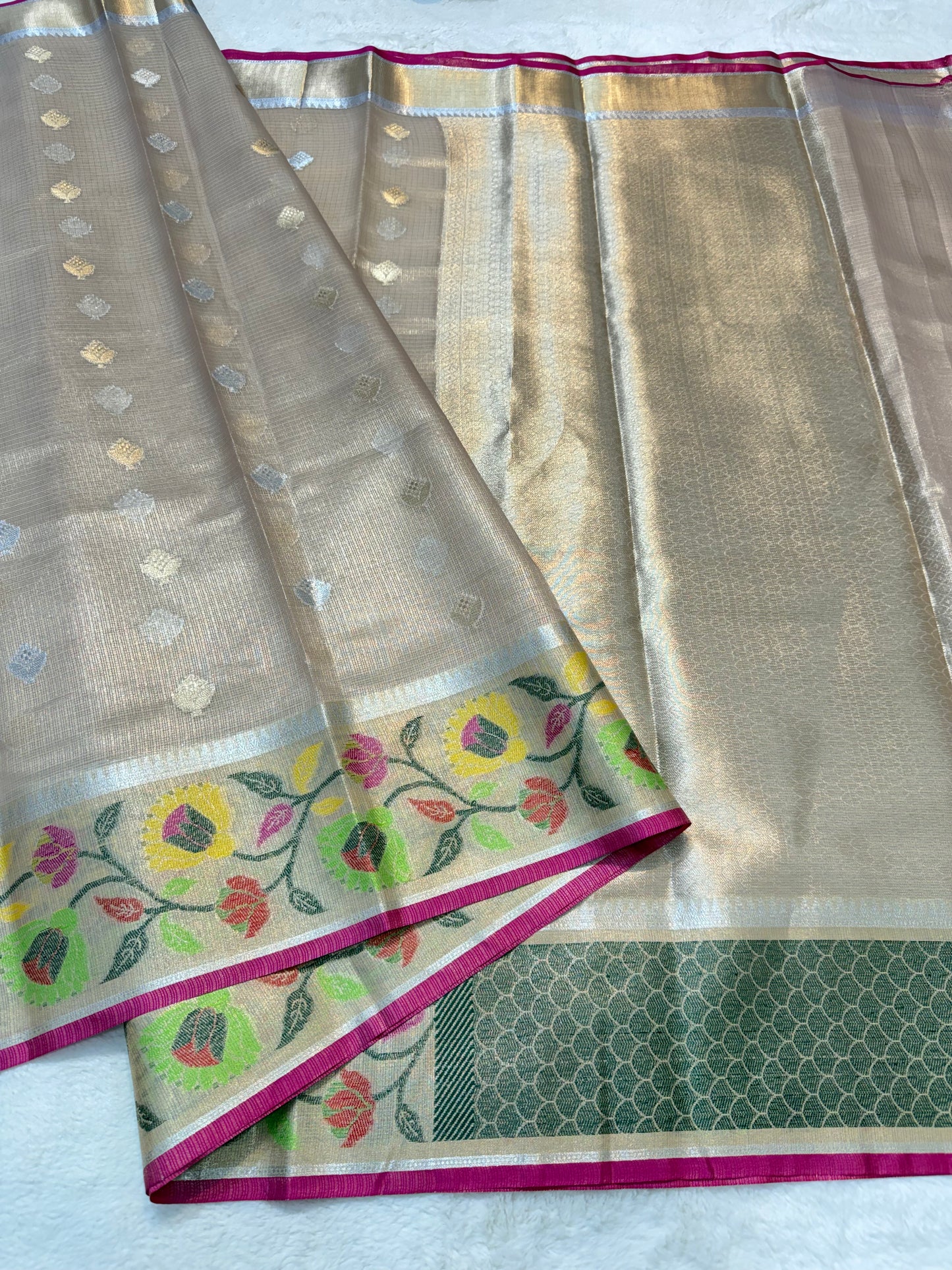 Silver & multicolour shade tissue kota premium paithani border designer banarasi saree