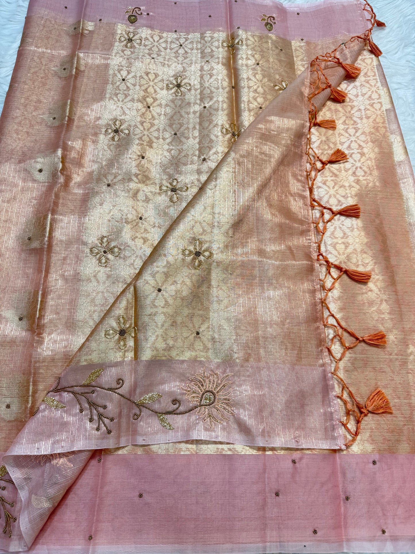 Peach shade tissue kota designer handwork premium Banarasi saree