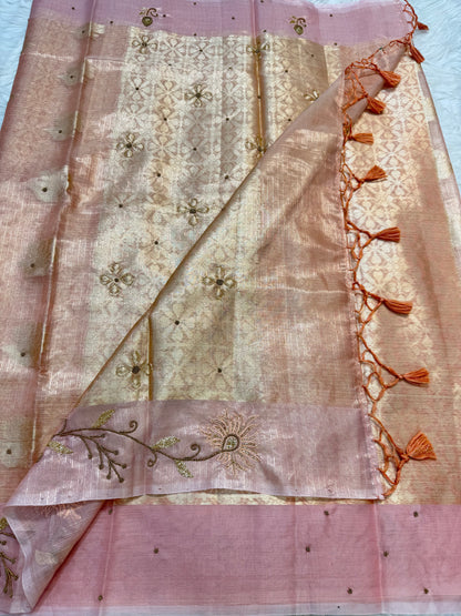 Peach shade tissue kota designer handwork premium Banarasi saree
