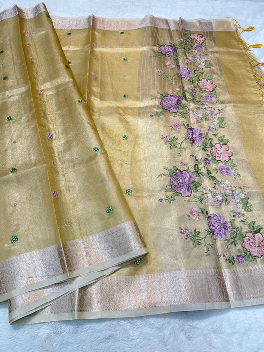 Gold shade kota tissue kota designer embroidery handwork premium Banarasi saree