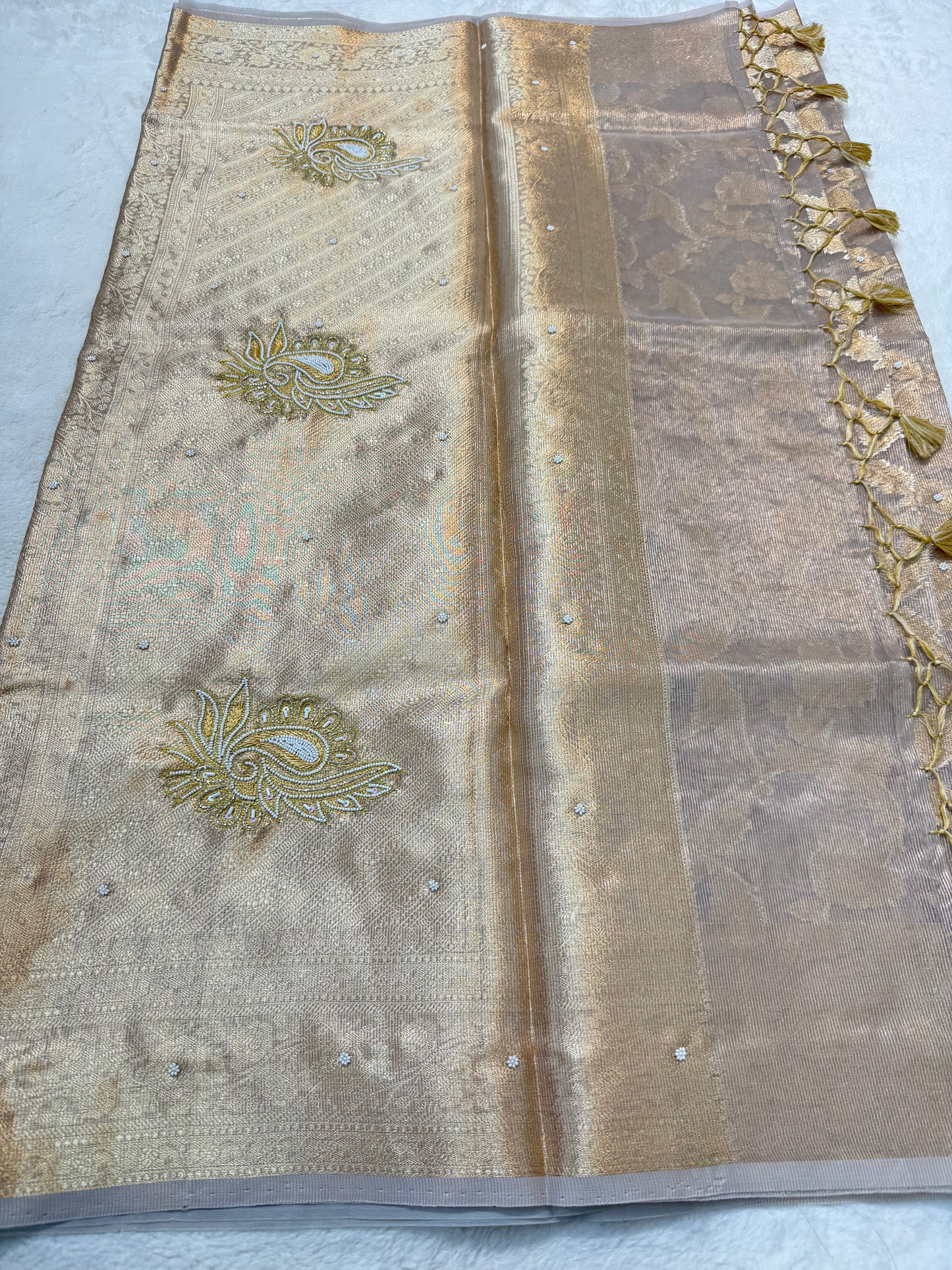 Silver shade tissue kota designer handwork premium Banarasi saree