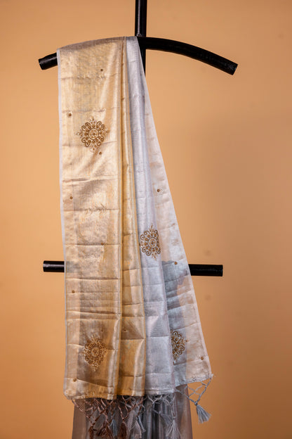 Gold silver tissue half half  tissue designer hand work Banarasi saree