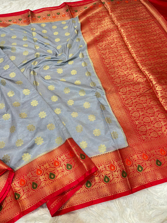 Silver & red shade  Dupion Silk premium Banarasi Saree