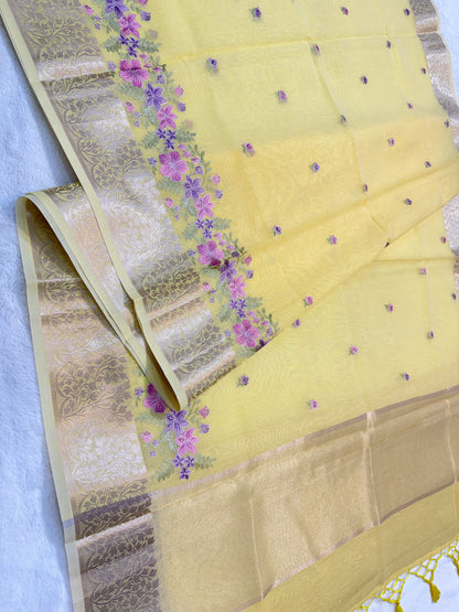 Yellow shade linen designer embroidery Banarasi saree