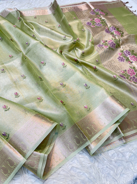 Pista green shade tissue kota embroidery primum Banarasi saree