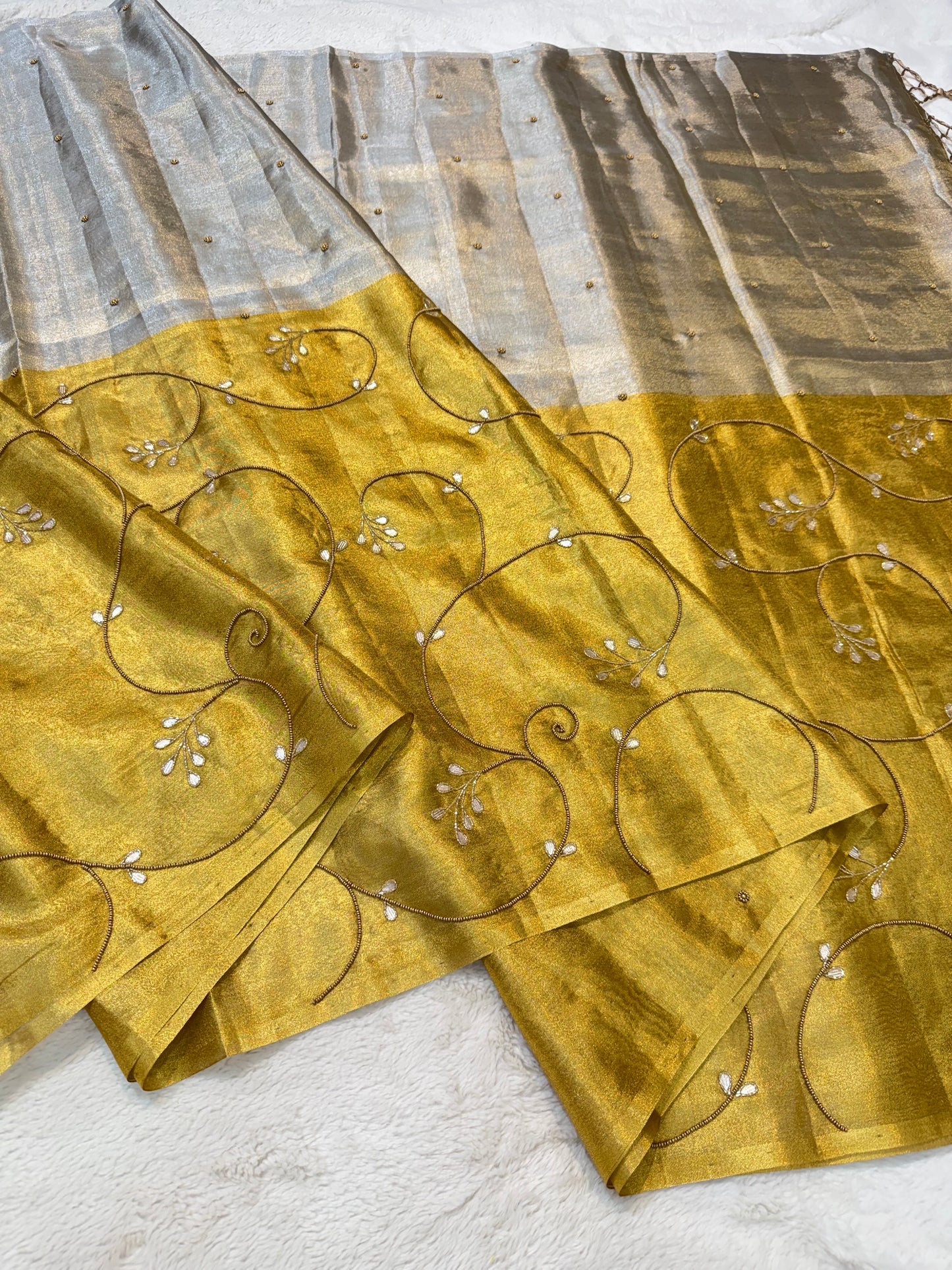 Gold silver tissue half half  tissue designer hand work Banarasi saree