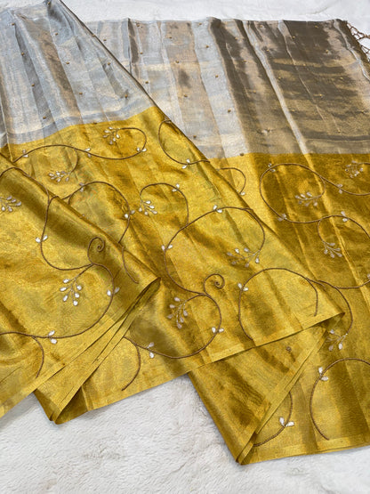Gold silver tissue half half  tissue designer hand work Banarasi saree