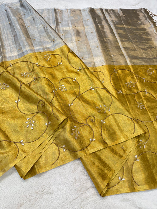Gold silver tissue half half  tissue designer hand work Banarasi saree