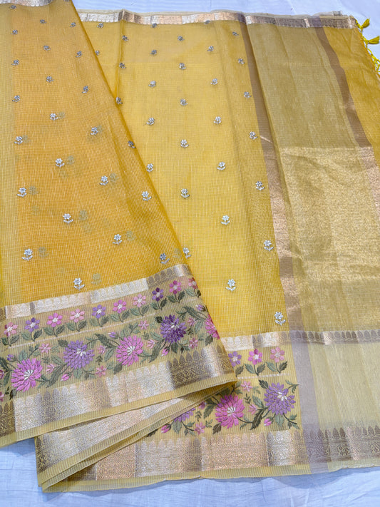 Gold shade cotton kota chickenkari embroidery Banarasi saree