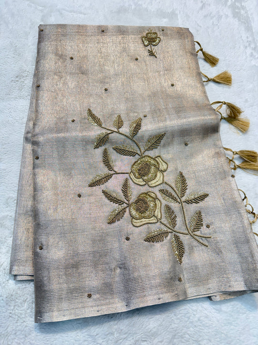 Beige shade tissue kota designer hand work Banarasi saree