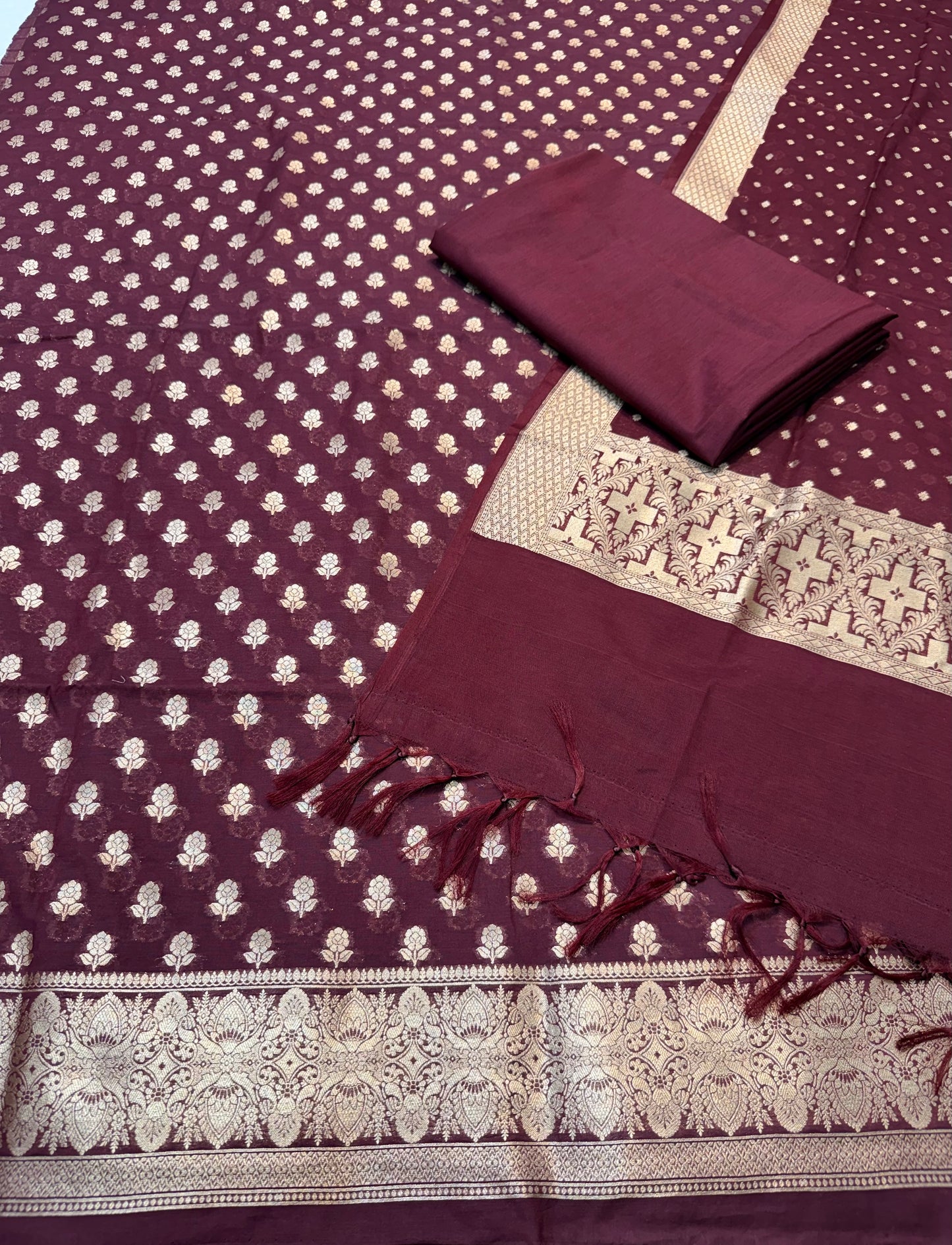 Maroon shade Cotton Silk Banarasi Three Piece suit