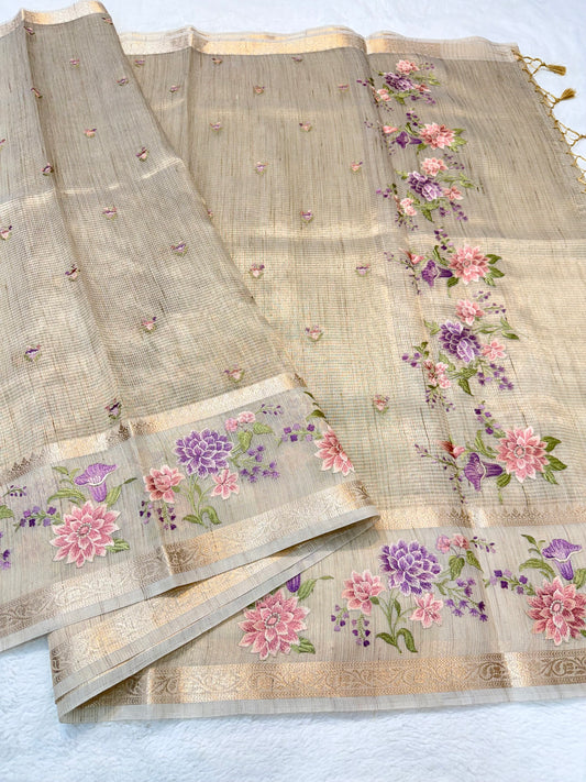 Beige shade tissue linen designer embroidery premium Banarasi saree