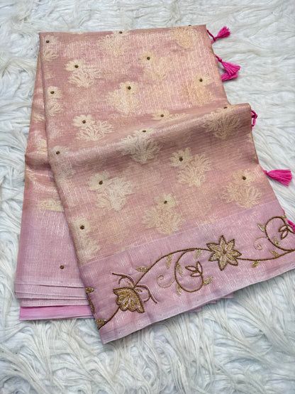 Pink shade tissue kota handwork premium Banarasi saree