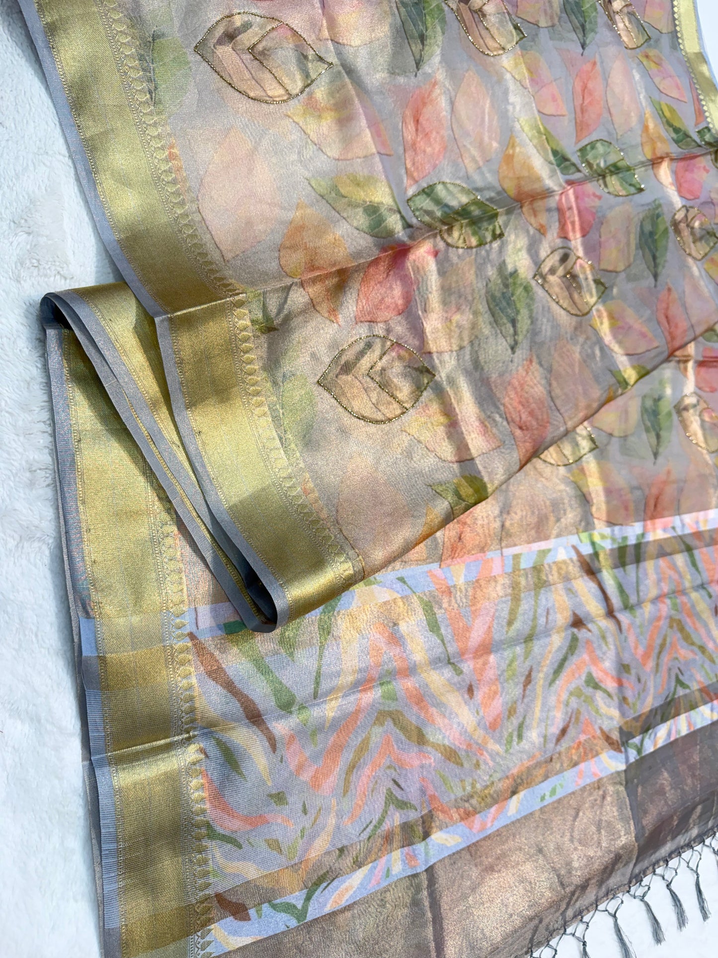 Multicolour Tissue digital print handwork premium designer Banarasi saree