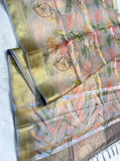 Multicolour Tissue digital print handwork premium designer Banarasi saree