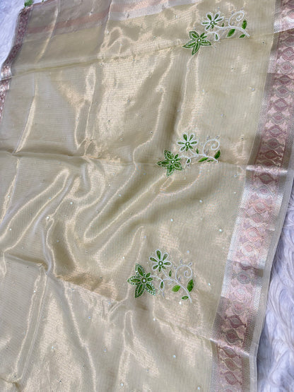 Pista green shade tissue kota designer handwork premium Banarasi saree