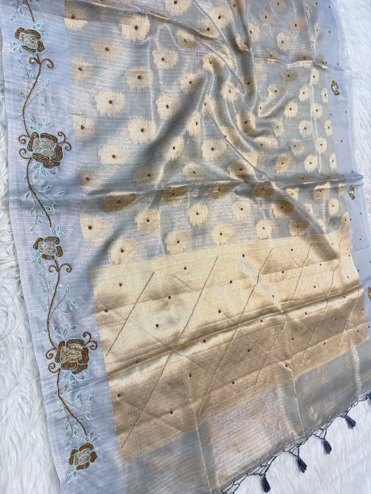 Silver shade tissue kota handwork premium Banarasi saree