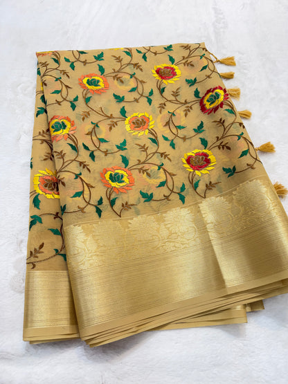 Beige shade organza designer premium embroidery Banarasi saree