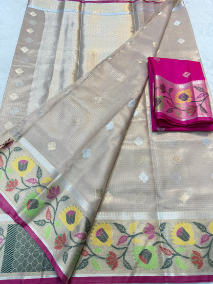 Silver & multicolour shade tissue kota premium paithani border designer banarasi saree