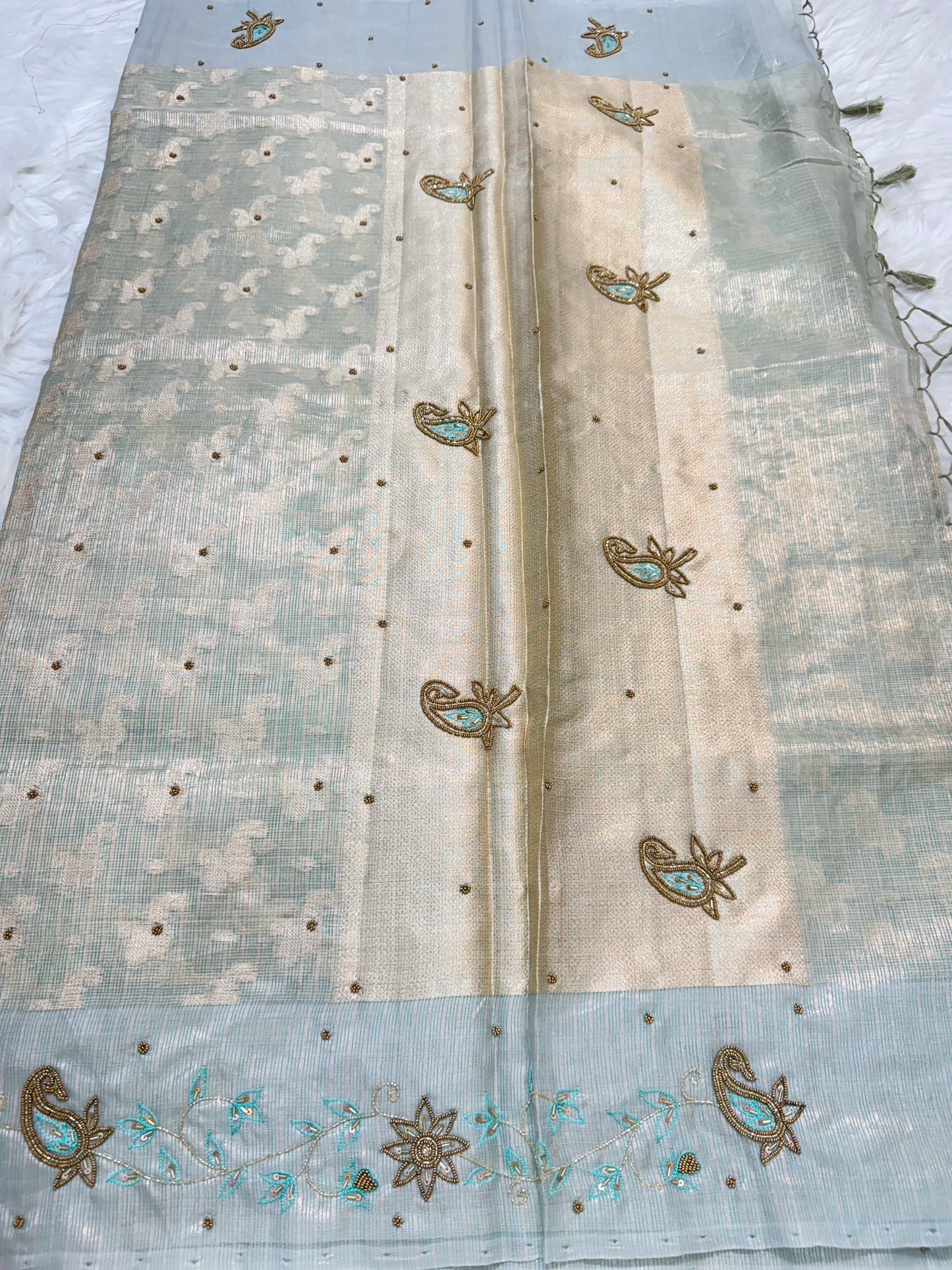 Sea green shade tissue kota designer handwork premium Banarasi saree