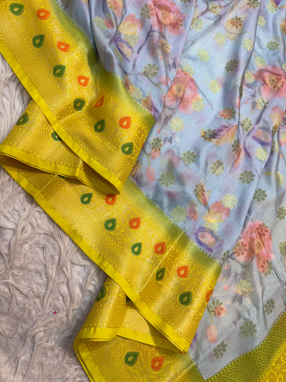 multicolour Dupion silk digital print Banarasi saree