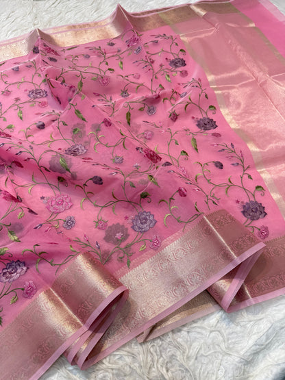 Pink shade organza embroidery Banarasi saree