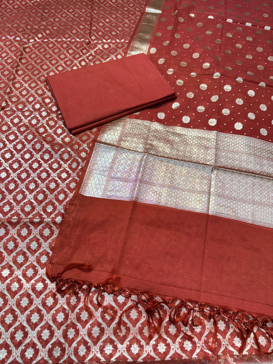 Cherry  Cotton Silk Banarasi Three Piece suit