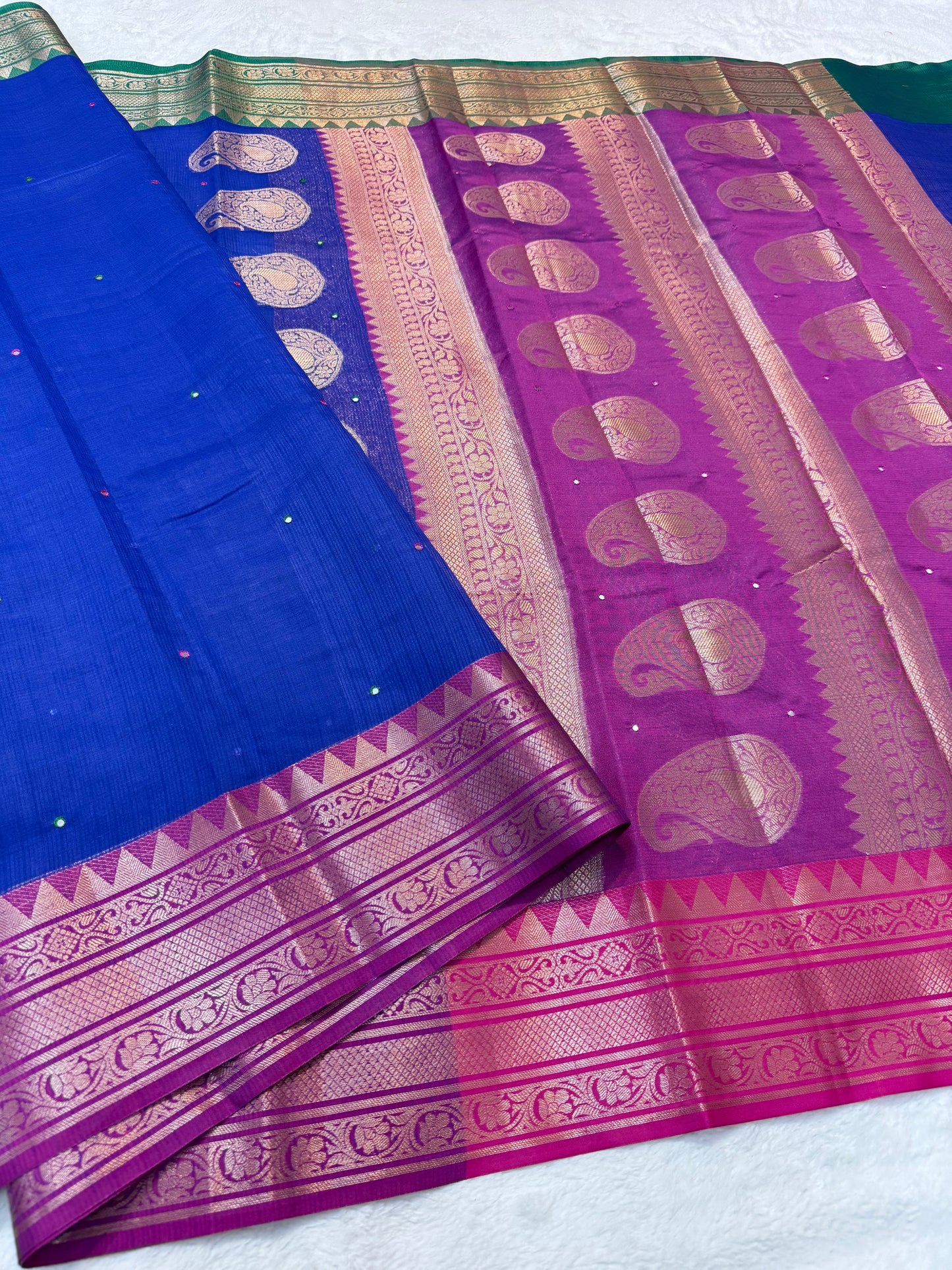 Royal blue royal pink bottle green shade kota mirror work premium Banarasi saree