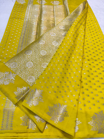 Yellow shade raw mango Banarasi premium Banarasi saree