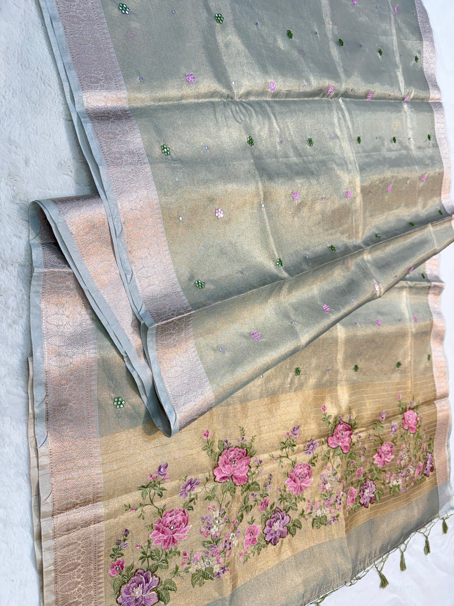 Light slate blue shade kota tissue kota designer embroidery handwork premium Banarasi saree