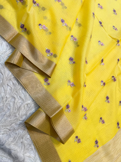 Yellow shade cotton kota embroidery Banarasi saree