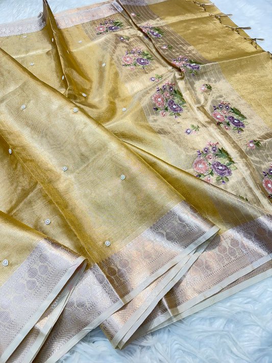 Gold shade kota tissue kota designer embroidery handwork premium Banarasi saree