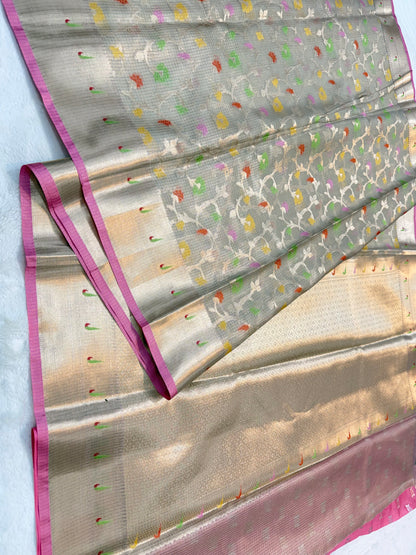 Gray & multicolour shade tissue kota premium paithani border designer banarasi saree