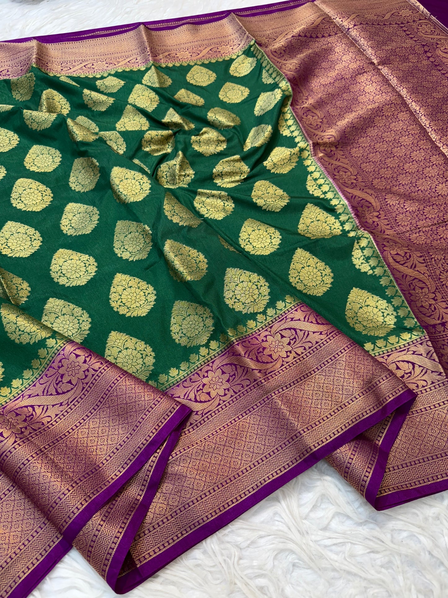 Bottle green & magenta shade Dupion Silk Banarasi Saree 