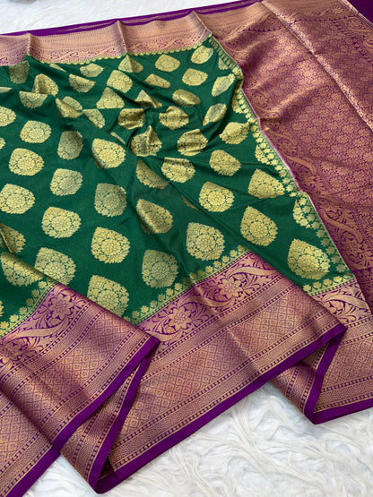 Bottle green & magenta shade Dupion Silk Banarasi Saree 