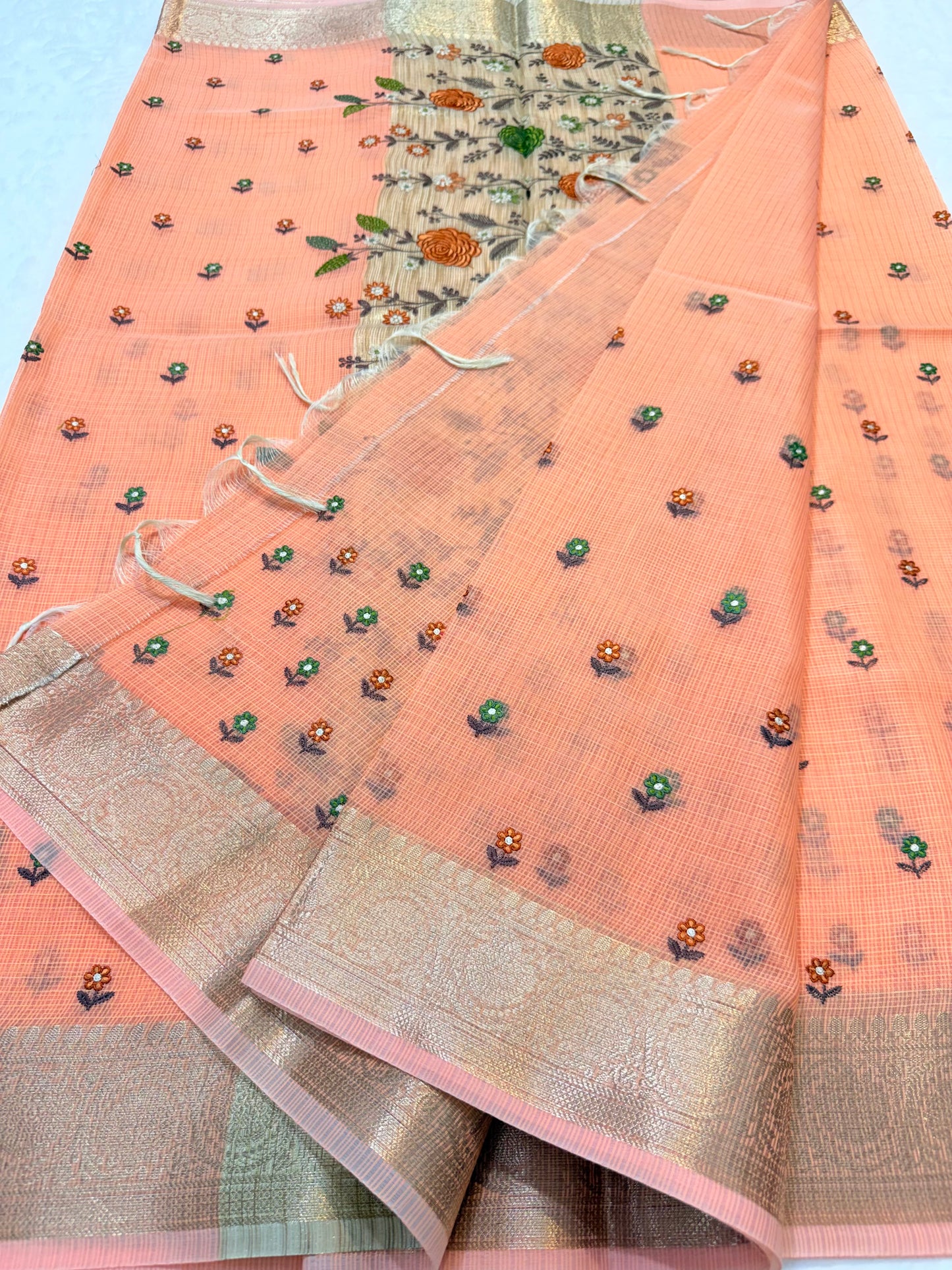 Peach shade cotton kota embroidery Banarasi saree