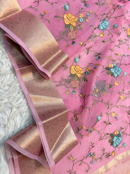 Pink shade organza embroidery Banarasi saree