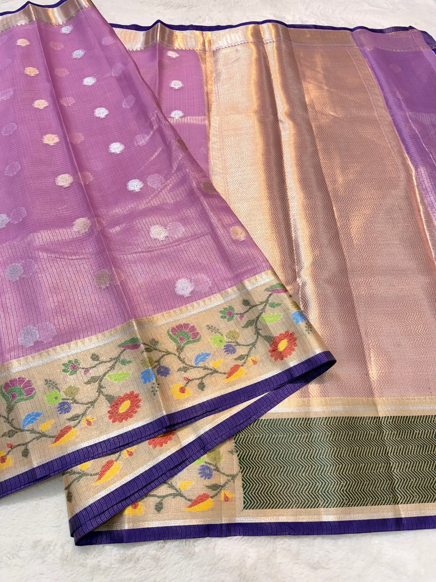 Purple & multicolour shade tissue kota premium paithani border designer banarasi saree