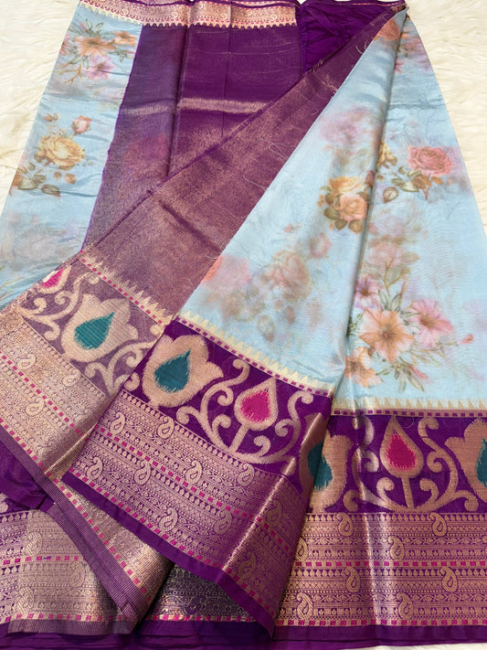 Powder Blue m & Peach Contrast Kora Organza Digital Print Saree