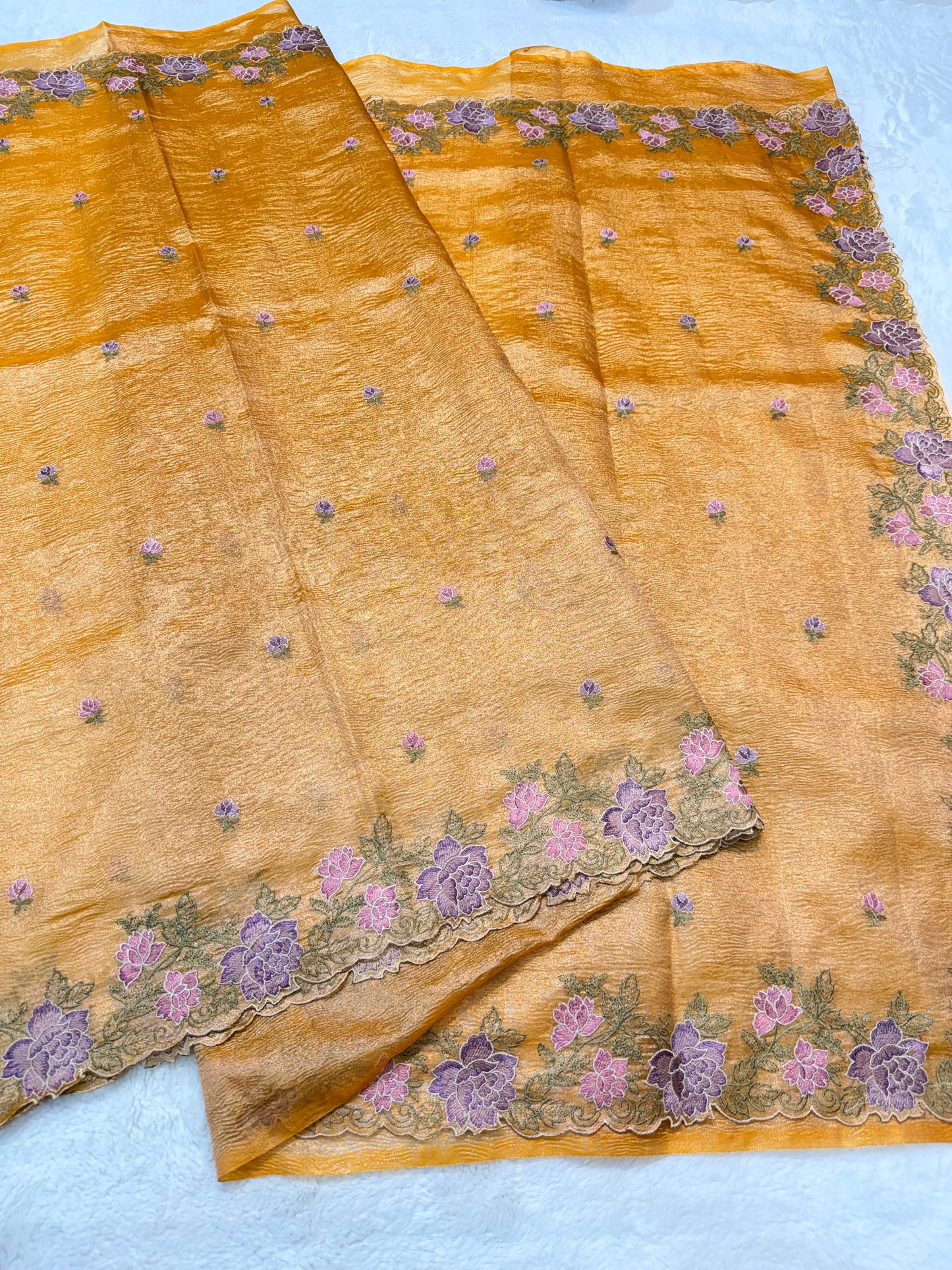 Gold shade tissue crush cutwork embroidery premium designer Banarasi saree