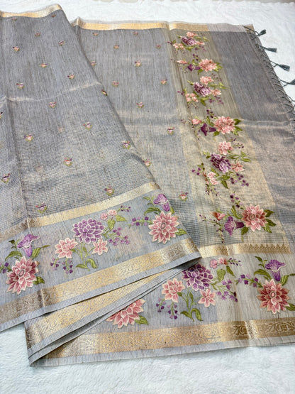 Light slate blue shade tissue linen designer embroidery premium Banarasi saree